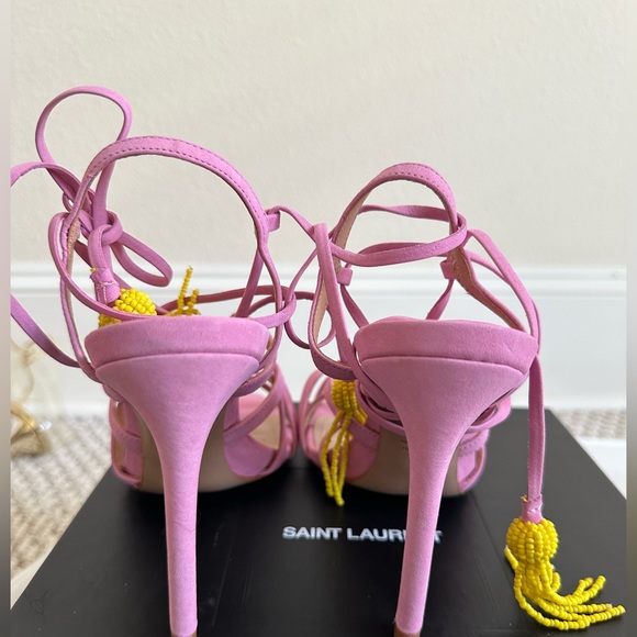 NWT Shultz Pink Suede Strappy Sandals with Yellow Beaded Tassels - Picture 4 of 7